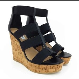 Steve Madden Selina's Black Elastic Strappy Cork Wedge Sandals Sz 8
